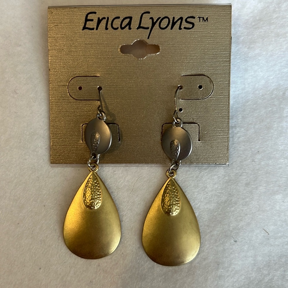 Erica Lyons Silver and Gold-Tone Pierced Earrings. Earring drop is 2”